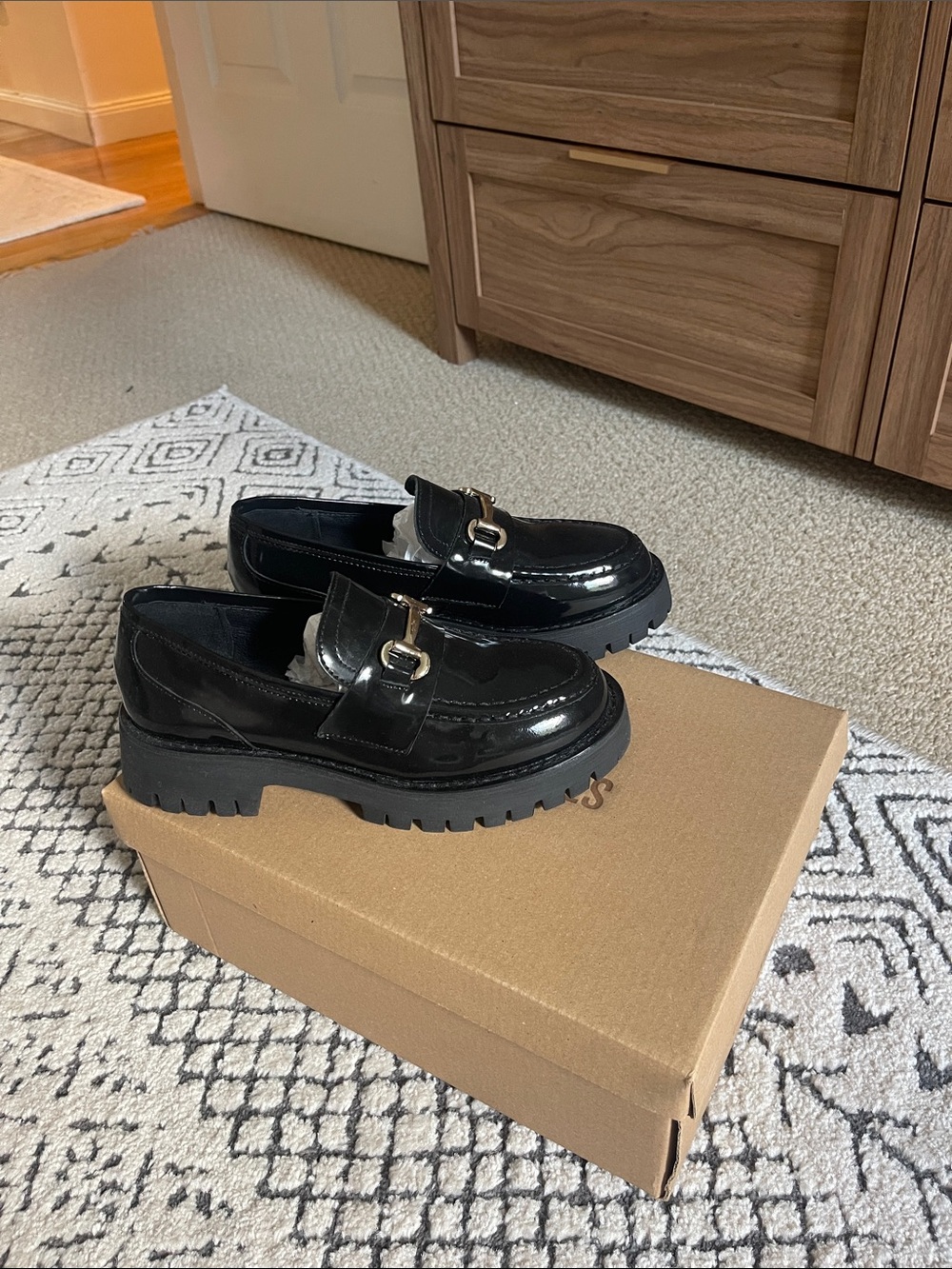 Steve Madden Lando - Black Patent Loafers with Gold Bit